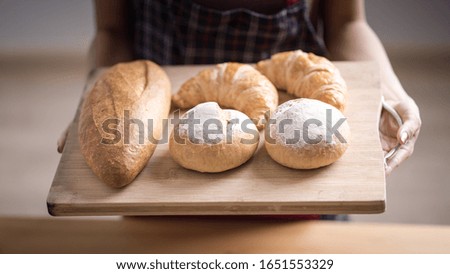 Woman Hands Hold Wooden Tray Present Fresh Baked Bakery