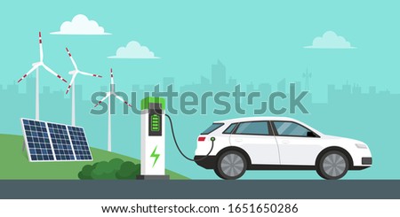 Electric car charging at the station, solar panels, wind turbines and city in the background, innovative technology and alternative energy concept