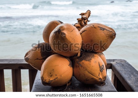 Orange coconuts on a wooden terrace's corner with the sea in the background