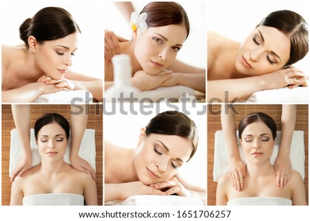 Collection of photos with women having different types of massage. Spa, wellness, healing, rejuvenation, health care and aroma therapy.