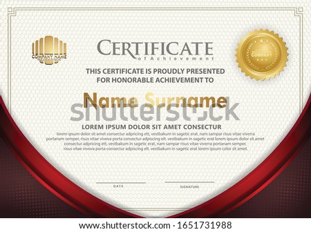 Dark red modern certificate template with gold line and  halftone effect ornament on texture pattern background, 