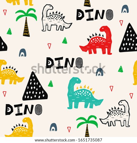 Hand drawn seamless pattern with dinosaur in the wild safari firest. Cute illustration for nursery,textile, kids fashion. Vector design