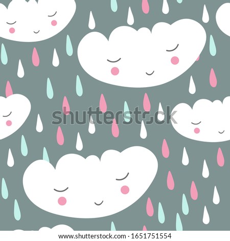 Seamless cute pattern with lovely cloud. Scandinavian design for kids. Children drawing. Vector background