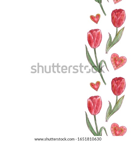Seamless watercolor pattern with red tulips and hearts on a white background.