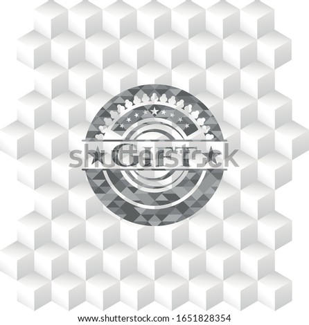 Gift retro style grey emblem with geometric cube white background