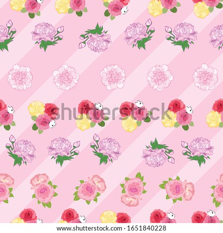 Seamless pattern with roses and peonys on pink diagonal stripes