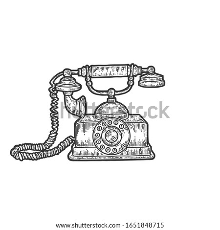 Old rotary dial phone sketch engraving raster illustration. Scratch board style imitation. Black and white hand drawn image.