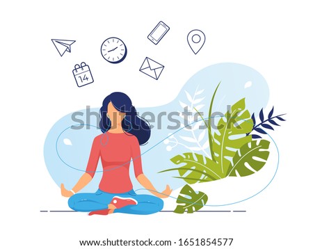 Vector illustration concept business woman practicing yoga and meditation in office. The girl sits in the lotus position, the thought process, the inception and the search for ideas. Time management Royalty-Free Stock Photo #1651854577