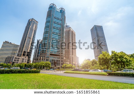 Park, grassland, forest and urban modern architecture skyline

