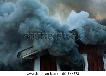 Burning house in forest fire