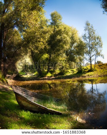 Overgrown river bed with an old, ownerless boat on the shore. The boat is covered with silt and overgrown with grass. Trees, the sky are reflected in calm water