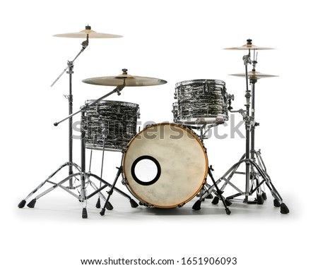 Drums and cymbals construction on white background. Collection of percussion musical instruments. Modern drumset. Drumming solo, rock music concert design element. Music instruments series