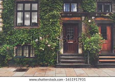 entrance facade of old townhouses is cover ivy