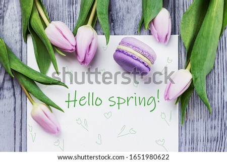 Hello spring card. Spring pink flowers tulips, violet macaron and white sheet on a gray wooden background. Top view