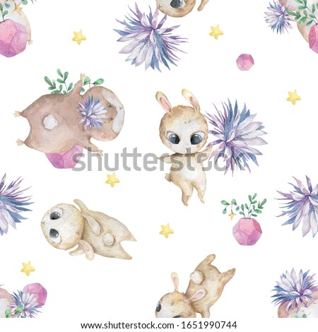 Easter seamless pattern design with bunnies Cute watercolor colorful illustration with blue flowers and bunny on white background. Baby nursery clip art
