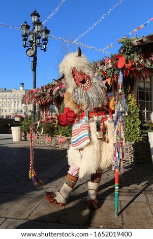 Moscow Maslenitsa Festival 2020. Traditional national celebration in russian folk style. Slavic tradition. Holiday decor. Exciting performance with artists on Manezhnaya Square in Moscow city, Russia