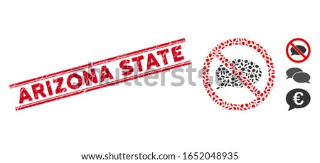 Rubber red stamp watermark with Arizona State phrase between double parallel lines, and mosaic no message icon. Mosaic vector is composed with no message icon and with randomized ellipse items.