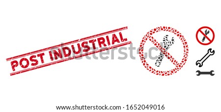 Corroded red stamp seal with Post Industrial text inside double parallel lines, and mosaic no spanner icon. Mosaic vector is composed from no spanner icon and with scattered oval elements.