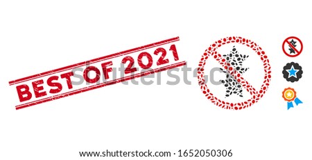 Rubber red stamp seal with Best of 2021 caption inside double parallel lines, and mosaic no rating stars icon. Mosaic vector is composed with no rating stars pictogram and with scattered oval spots.