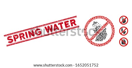 Rubber red stamp seal with Spring Water phrase between double parallel lines, and collage no head shower icon. Mosaic vector is created with no head shower icon and with randomized oval elements.