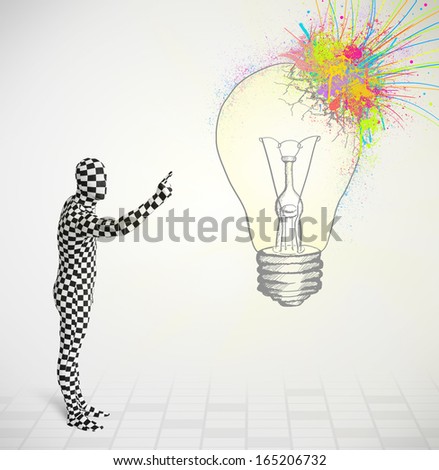 3d human character is body suit morphsuit looking at abstract colorful lightbulb