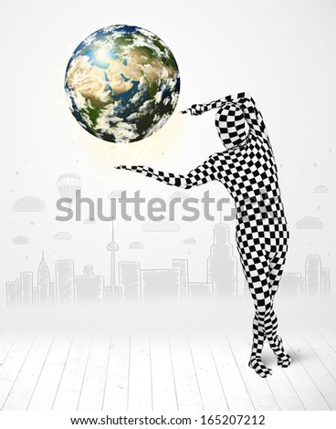 Funny man in full body suit holding planet earth