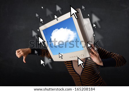 Woman with monitor screen and blue cloud computing on the screen