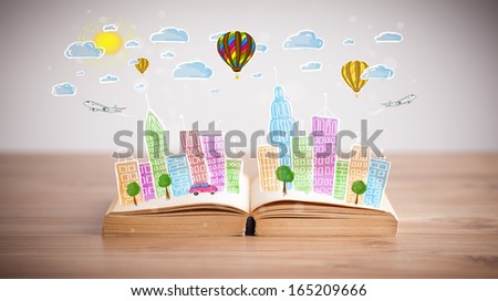 Colorful cityscape drawing on open book