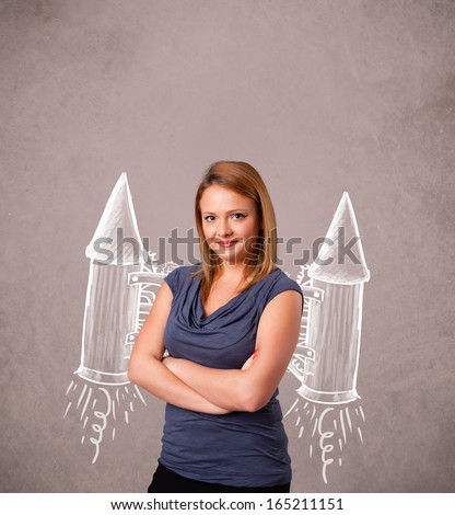 Cute young girl with jet pack rocket drawing illustration