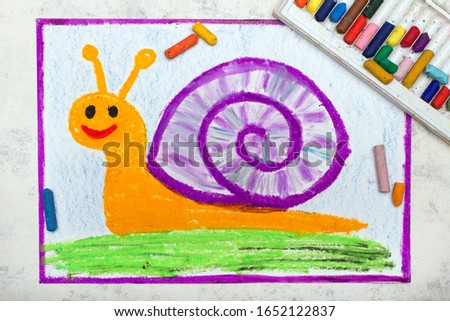 Photo of colorful drawing: Cute smiling snail with purple shell 