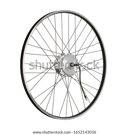 Bicycle wheel with electric motor on white background for online sale