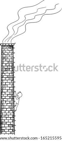 Vector cartoon stick figure drawing conceptual illustration of man, worker or ecologist climbing old factory smokestack or chimney. Royalty-Free Stock Photo #1652155954