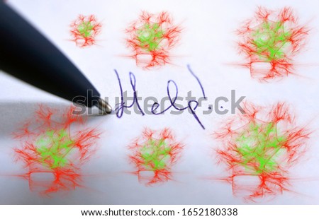Handmade written help message on white piece of paper and coronavirus around
