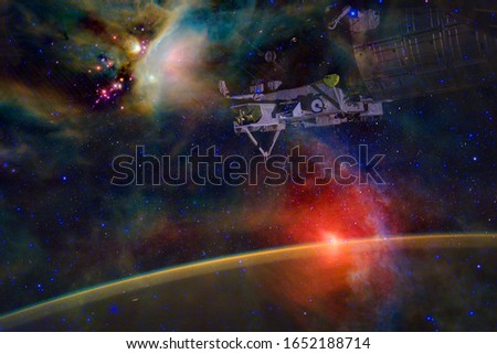 ISS space station walking Earth planet orbit. Endless of universe. Elements of this image furnished by NASA