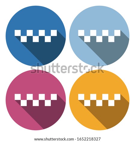 Taxi cab or car. Simple icon. Set of white icons with long shadow on blue, orange, green and red colored circles. Sticker style