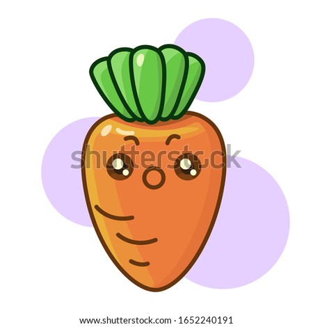 Cute amazed carrot sticker with purple circles. Healthy food emblem for social media network logo, scrapbook sticker, icon, t-shirt, hoody or bag print. White isolated stock vector illustration