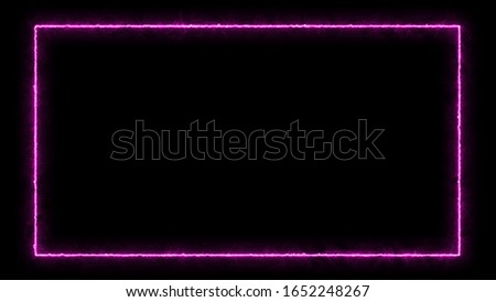 Empty frame with electric power round border glowing, burning flame sign. Blank rectangle fire with electric power around frame lights. The best stock photo image of pink, purple electric energy power