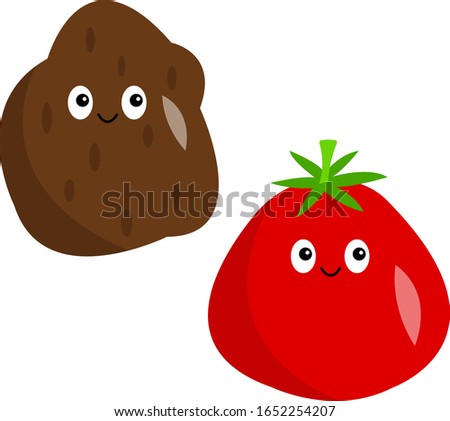 Potato and tomato funny vegetables with cute smiles, healthy plants objects on a white background concept of agriculture and summer harvest