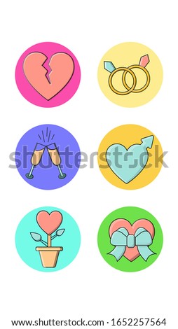 A set of six round icons for a contemporary with love holiday items a heart-broken gift with glasses of champagne rings and a flower on a white background. Vector illustration.