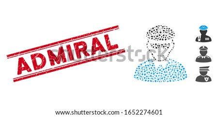 Rubber red stamp seal with Admiral caption inside double parallel lines, and mosaic evil army general icon. Mosaic vector is composed with evil army general icon and with random oval spots.