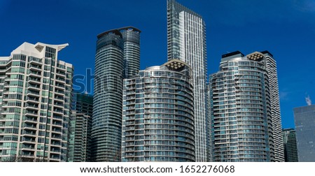 A bottom angle shot of the buildings in Harbourfront in Toronto, Canada
