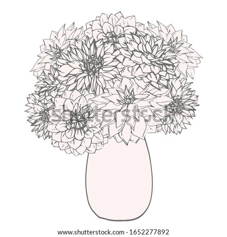 Hand-drawn dahlias flowers in a vase. Isolated floral elements. Vector flowers on white background.