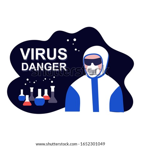 Vector handdrawn vector of human in  medical mask and protective suit with glasses on black background. Virus danger concept.  Online application or web site template. Coronavirus 