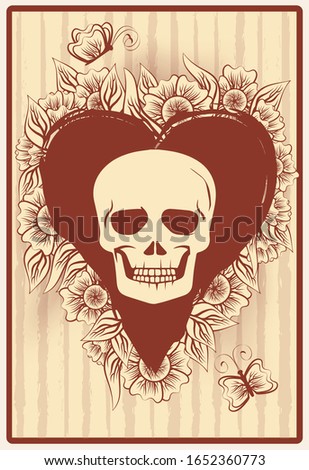 Hearts poker card with skull and flowers, casino wallpaper, vector illustration