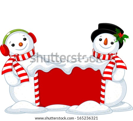 Two cute Snowmen near snowbound Christmas board 