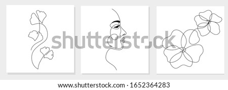 One line drawing abstract woman face, ginkgo biloba leaf, flower. Modern single line art, female portrait, aesthetic contour. Great for poster, wall art, tote bag, t-shirt print, sticker, logo. Vector