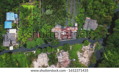Aerial view of green tree and countryside houses. Living with nature.