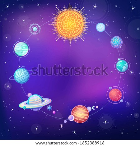 Animation solar system. Vector illustration. Background - night star sky. place for the text. Print, poster, card.