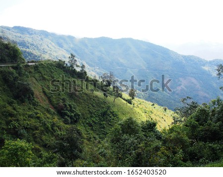 natural landscape view with green tropical mountains and hills clear sky on a sunny day in summer surrounded with tropical jungle plants and trees