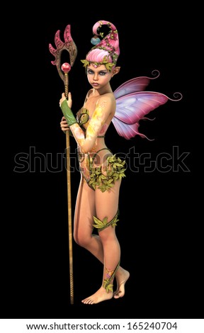 3D computer graphics of a cute fairy with a magic staff and butterfly wings